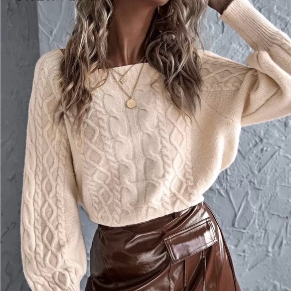 SHEIN Sweaters - SHEIN - Neutral Cream Cable Knit Cropped Sweater with Cuffed Sleeves - Size M